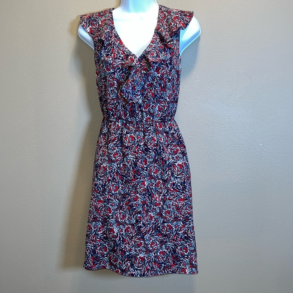 BCBGeneration Women's Ruffled Smocked Red & Blue Sleeveless V Neck Mini Dress M